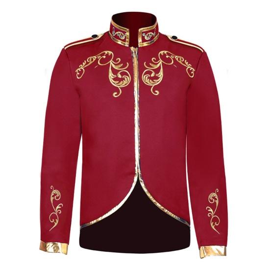 

Мужская куртка со стойкой, длинным рукавом, золотым вышитым узором, короткое пальто, приталенного силуэта, костюм на Хэллоуин, дорожная одежда M красный