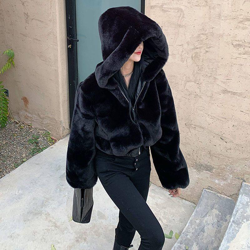

Осенняя шуба из искусственного меха, новая женская модная утолщенная теплая короткая, поздняя осень, с высокой талией, пушистый топ S чёрный