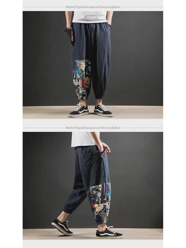 Pánské volné lněné kalhoty v čínském stylu - letní trendy, plus size, devítibodová délka
