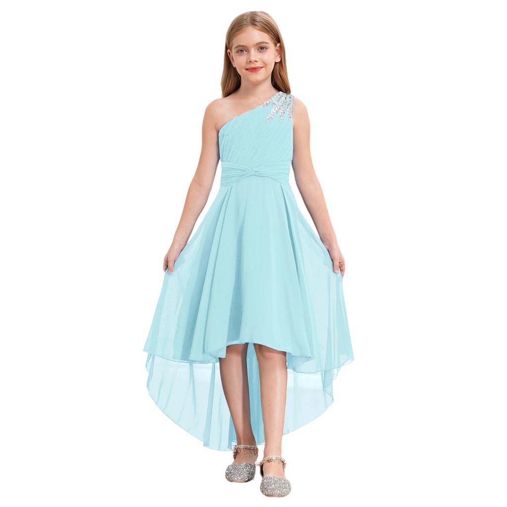 Abito Elegante da Ragazza Monospalla Senza Maniche Design Ruched Lucido con Perline Vita Alta Orlo Alto-Basso Abito da Festa