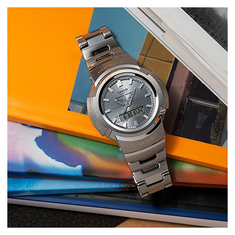Casio all-metal series-disc solar quartz movement stainless steel strap Japanese and Korean watch men's watch silver dial AWM-500D-1A8PRD