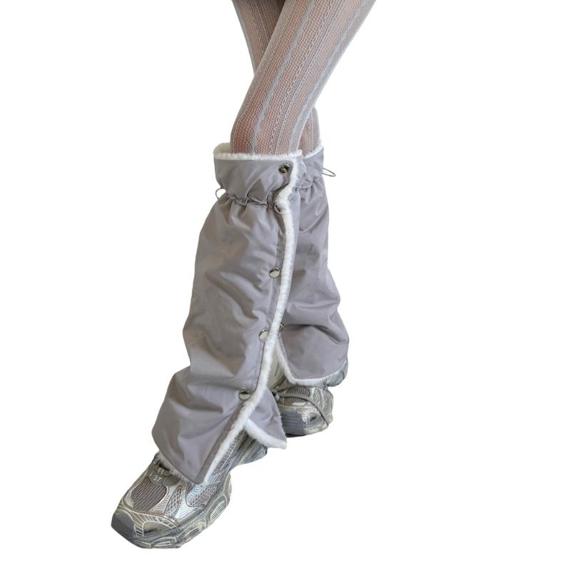 Women's Slouchy Leg Warmers with Side Split Buttons Solid Color Fleece Lined Drawstring Leg Covers Footless Long Socks