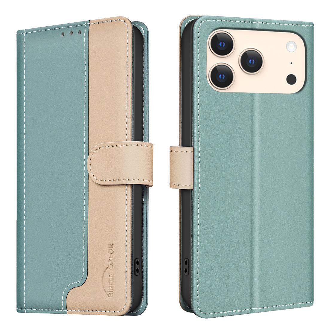 

For iPhone 17 Pro Max Leather Case BINFEN COLOR Splicing Color RFID Blocking Wallet Stand Phone Cover Green