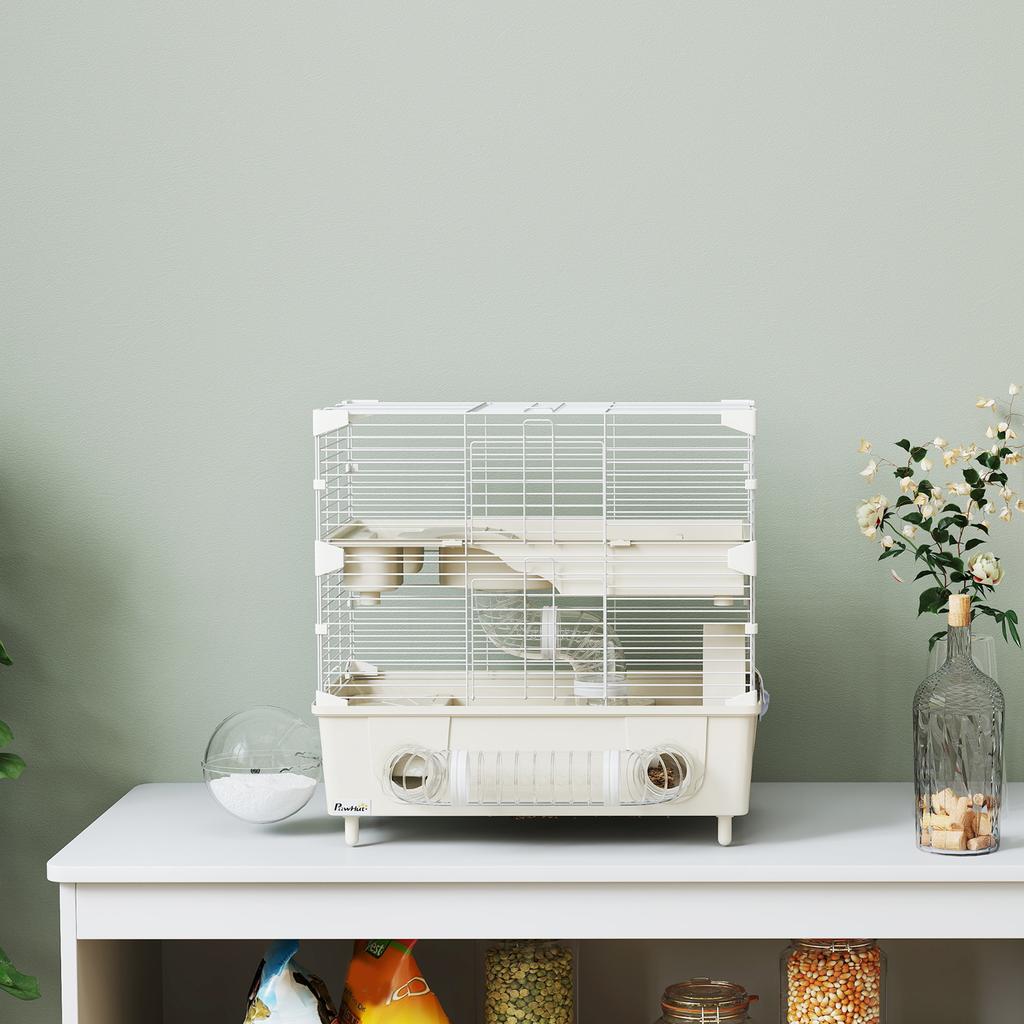 2-Tier, 3-Door Hamster Cage with Wheel and Tubes, Steel, PS and PP, 44.5x28x44 cm, Cream and White