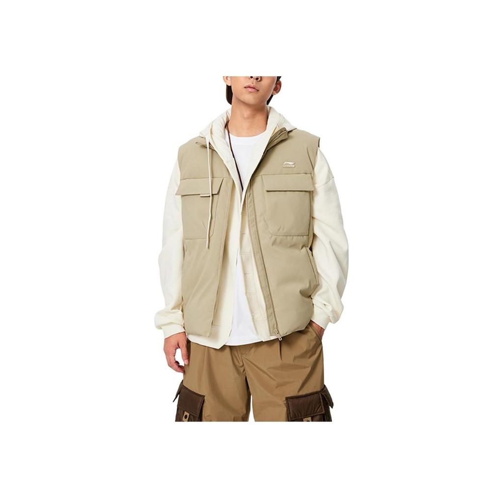 Li Ning Sports Trend Series Solid Color Stand Collar Cardigan Vest Men Vests Milk-Khaki AMRU033-4
