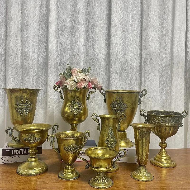 Classical Retro Iron High Footed Cup Flower Set Retro Vintage Metal Home Decoration Flowerpot European Wedding Vase Ornaments