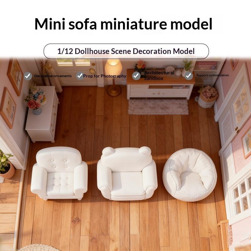 1:12 Miniature White Sofa Lovely Bear Ear Design Small Micro Furniture for Dollhouse Living Area Decoration