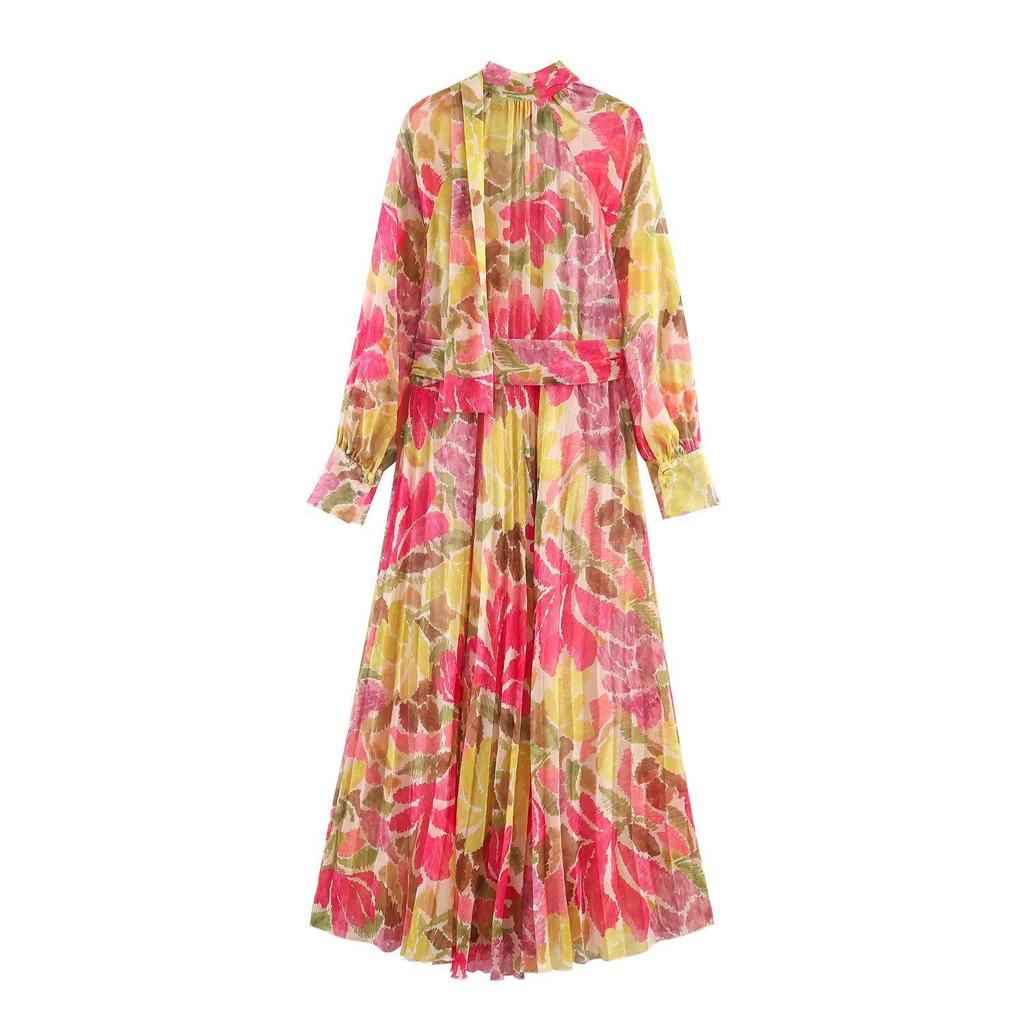 2026 Spring Floral Print Bow Belt Dress – European & American Style, Long Sleeve Women's Fashion