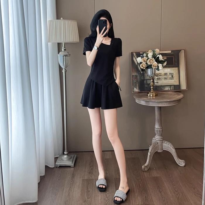 

2026 Women s Minimalist Black Two-Piece Sports Set: Short-Sleeve Top & Skirt-Pants Extra Large