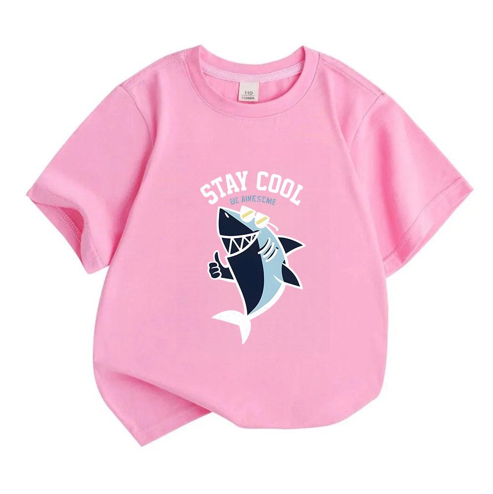 Kids Boys Girls 100% Cotton Crew Neck Short Sleeve T-Shirt, Cool Shark Print Stay Cool Be Awesome Casual Soft Lightweight Summer Tee for Children Dail