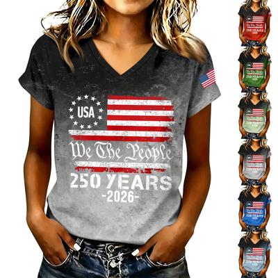 Camiseta Casual para Mujer con Cuello en V y Manga Corta Estampado Bandera de EE. UU. We The People 250 Años 2026 Camiseta Gráfica Patriótica