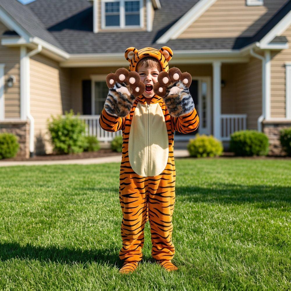 Stripe Cosplay Costume Gloves Tiger Print Plush Cat Paw Gloves Cute Cat Claw Mittens Role Play