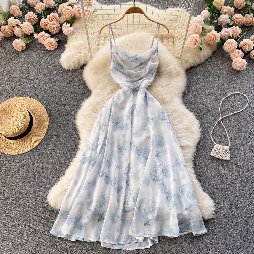 Gentle Wind Floral Suspender Skirt Summer Super Fairy Forest First Love Waist Seaside Vacation Beach Skirt Women XS