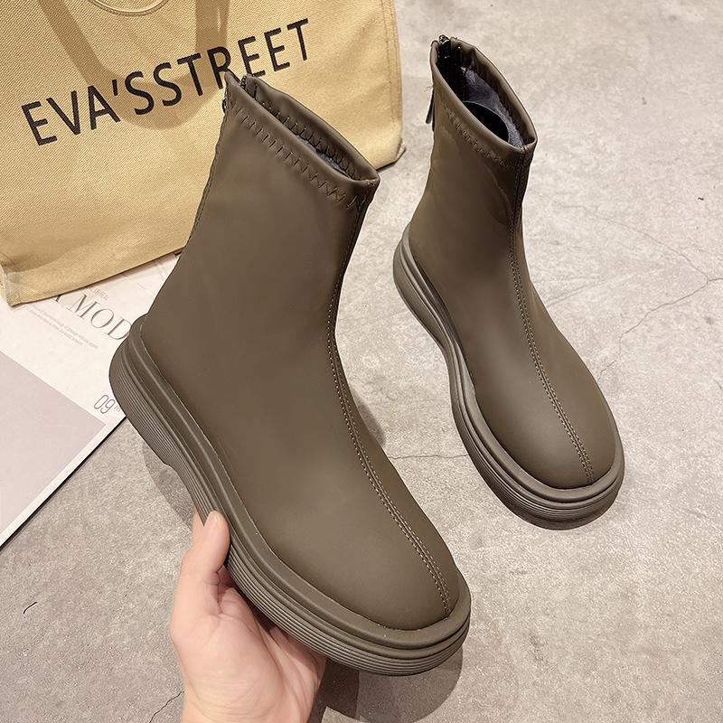 Nye Populære Moderne Chunky Dame Luksusstøvletter Mote Glidelåser Bak Tykk Hæl Korte Støvletter Retro Street Style Damesko