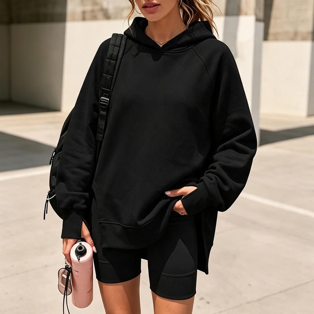 Women's Casual Longline Hooded Pullover with Drop Shoulder and Side Slit - Loose Fit Sweatshirt