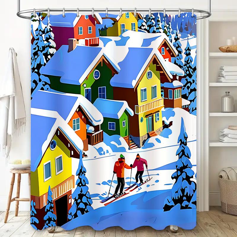 

Winter Wonderland Shower Curtain Vibrant Snowy Village Scene With Skiing Figures And Pine Trees For Bathroom Decor Easy-Clean W60H190(CM)-1 Pcs