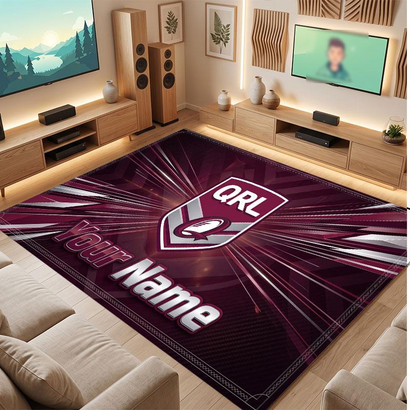 Personalisierter Kristall-Samt-Teppich der Queensland Maroons, Weicher Anti-Rutsch-Teppich mit individuellem Namens-Text für Wohnzimmer, Schlafzimmer