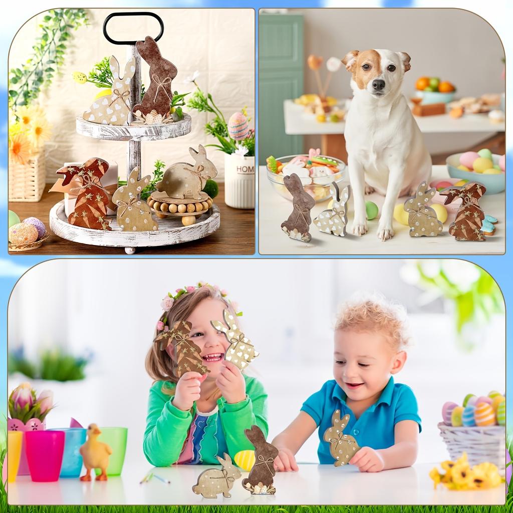 1-5pc Rustic Wooden Easter Bunny Signs Freestanding Rabbit Tabletop Ornament with Bow for Spring Party Home Decor Props Supplies