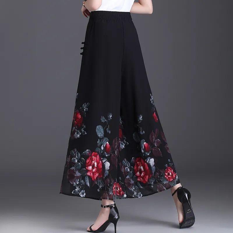 Women's Chiffon Wide Leg Pants Summer Chinese Style Floral Pants Skirt Pants Loose High Waist Retro Pants Skirt
