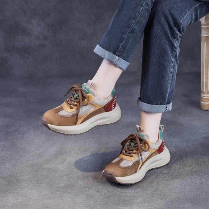 Johnature Mesh Splicing Genuine Leather Breathable Women's Shoes Thick Sole Mixed Colors Casual Sports Shoes