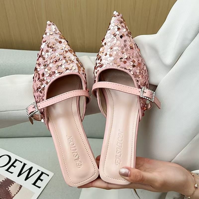 Fashion Sequins Black Slides with Heel Shoes Pointed Toe Women's Mules Slippers and Ladies Sandals Unique Korea Style Easy Wears Shoe 39