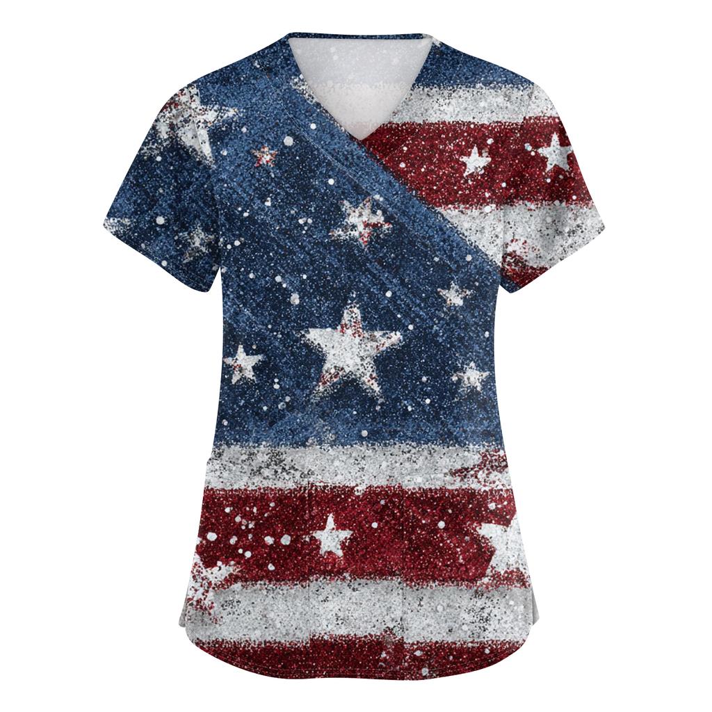 Women's Fashionable V-Neck Short-Sleeved Work Top With Pockets And Independence Day Print  Uniform