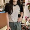 Niche retro T-shirt women's splicing contrasting short top summer shoulder sleeves American sweet and spicy small short sleeves