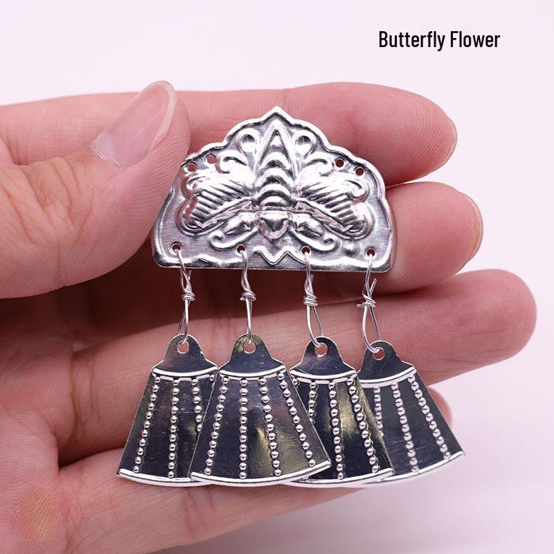 Miao Ethnic Imitation Silver Aluminum Headwear with Mandarin Ducks and Bells Pendant