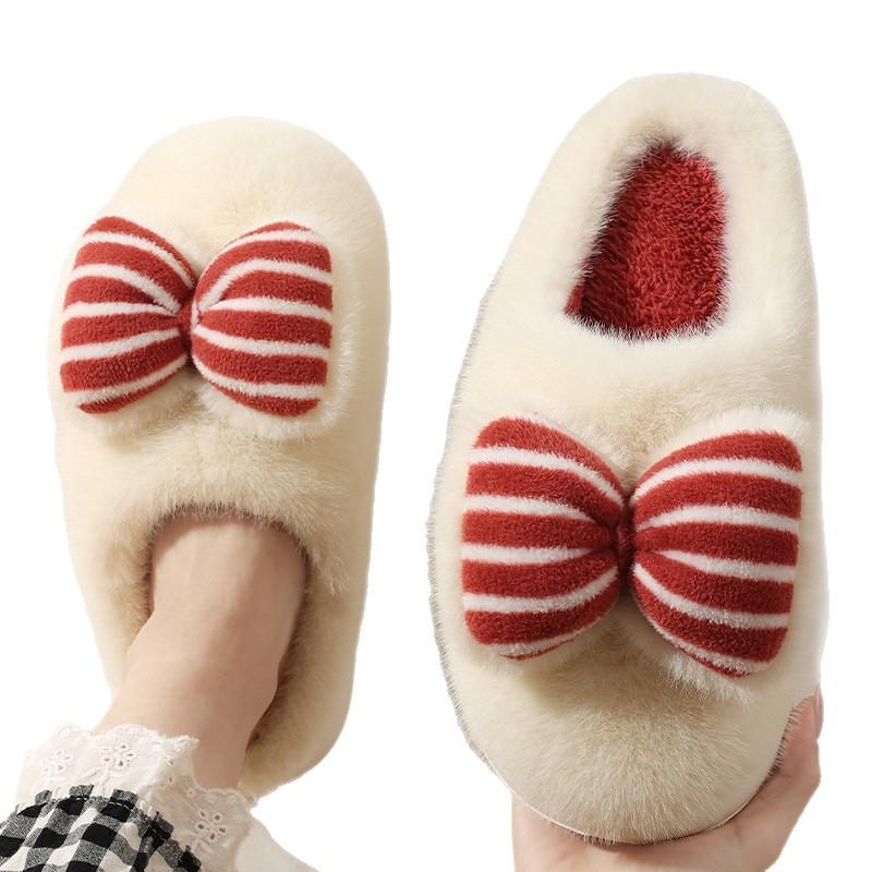 Bow Cotton Slippers Women's Autumn and Winter Indoor Home Cute Plush Thick Bottom Household Cotton Drag Women
