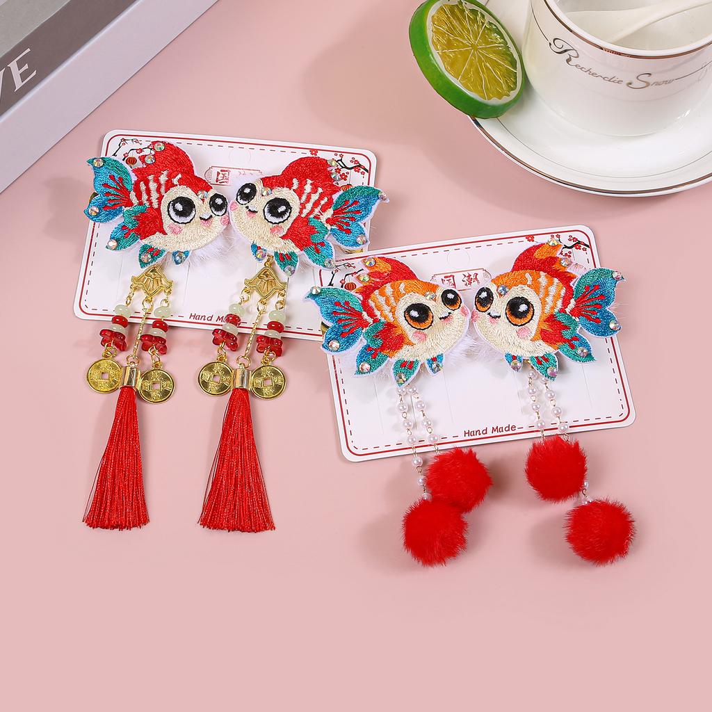 2pcs Chinese New Year Decorations Hair Clips Children Kids Tassel Bows Clips Barrettes Girls Children Party Hair Accessories