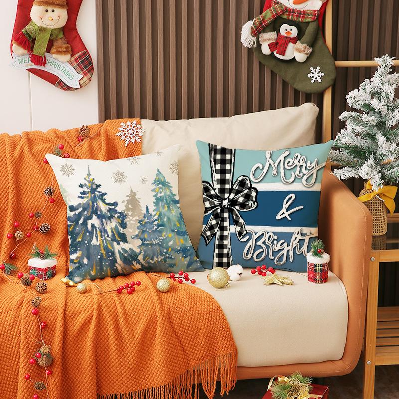 Christmas Pillow Linen Print Set Pillow Case Living Room Versatile Sofa Cushion Linen Breathable Cushion