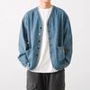 Mens Vintage Washed Denim Jacket Casual Loose Fit Long Sleeve No Collar Blue Streetwear Young Adults