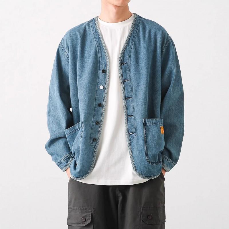 Mens Vintage Washed Denim Jacket Casual Loose Fit Long Sleeve No Collar Blue Streetwear Young Adults