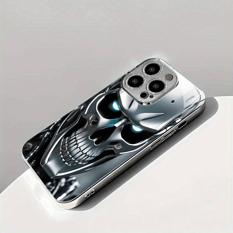 Silver Skull Pattern Tempered Glass Electroplated Phone Case For iPhone 17 16 15 14 13 12 11 Pro Max 14 15 Plus 16E 17 Air Cover