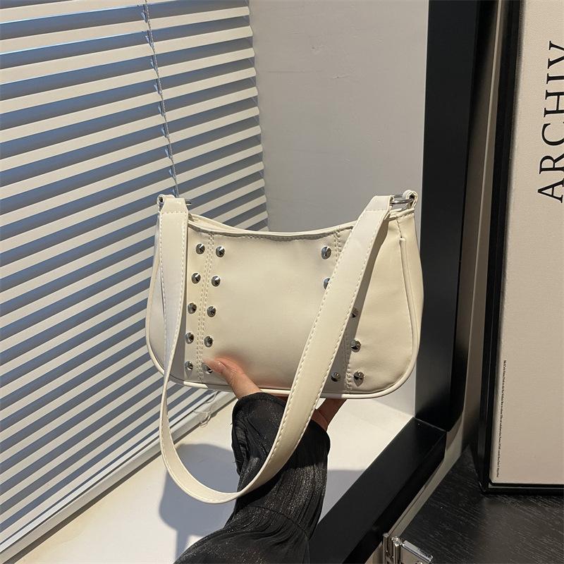 2025 New Autumn Casual Women's Simple Retro Fashion Rivets Simple Broadband Single Shoulder Oblique Span Small Square Bag