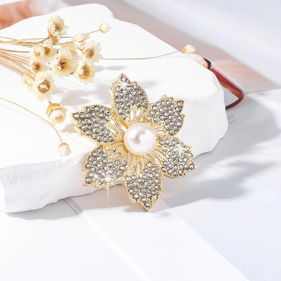 Lady Brooch Bauhinia Shape Rhinestone Faux Pearl Hollow Out Anti-slip Bag Coat Collar Hat Decoration Clothes Pin Party Prom