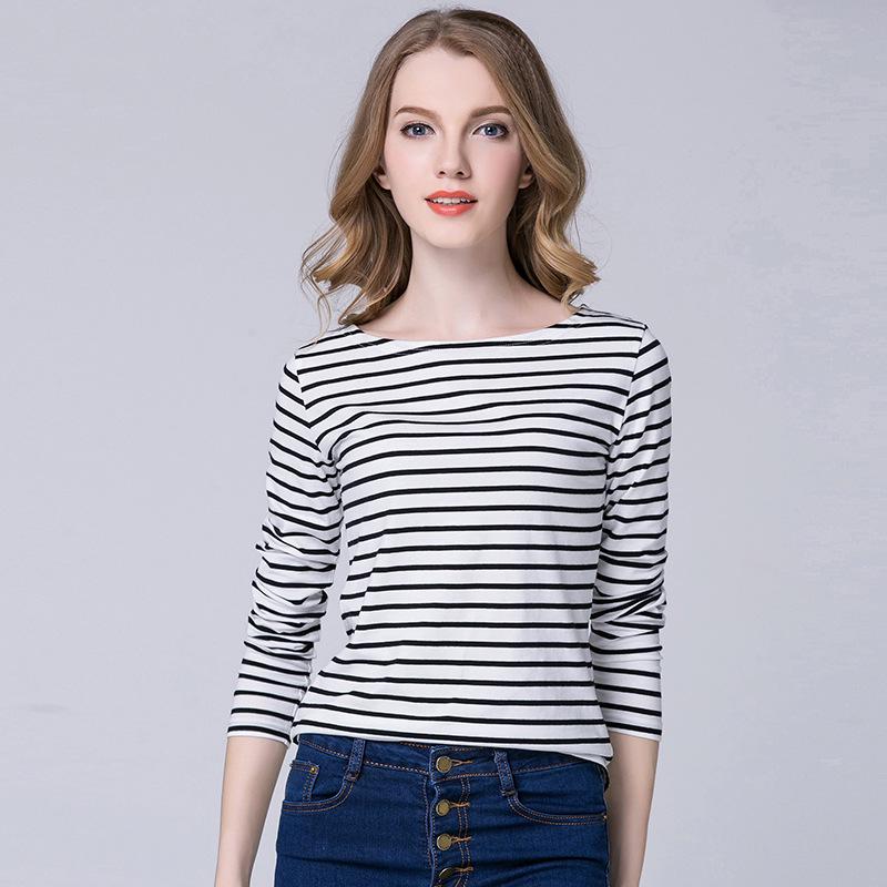 2022 Women's Slimming One-Shoulder Black & White Striped Long Sleeve T-Shirt