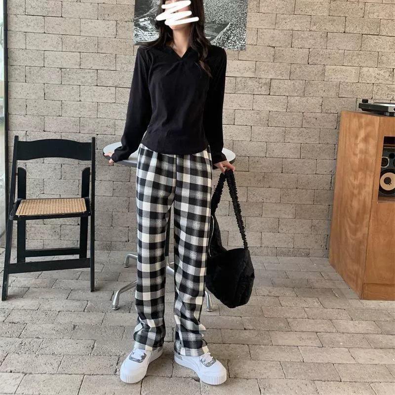 Women's Lambswool Plaid Fleece-Lined High-Waisted Loose Straight-Leg Wide-Leg Pants for Autumn/Winter 2025