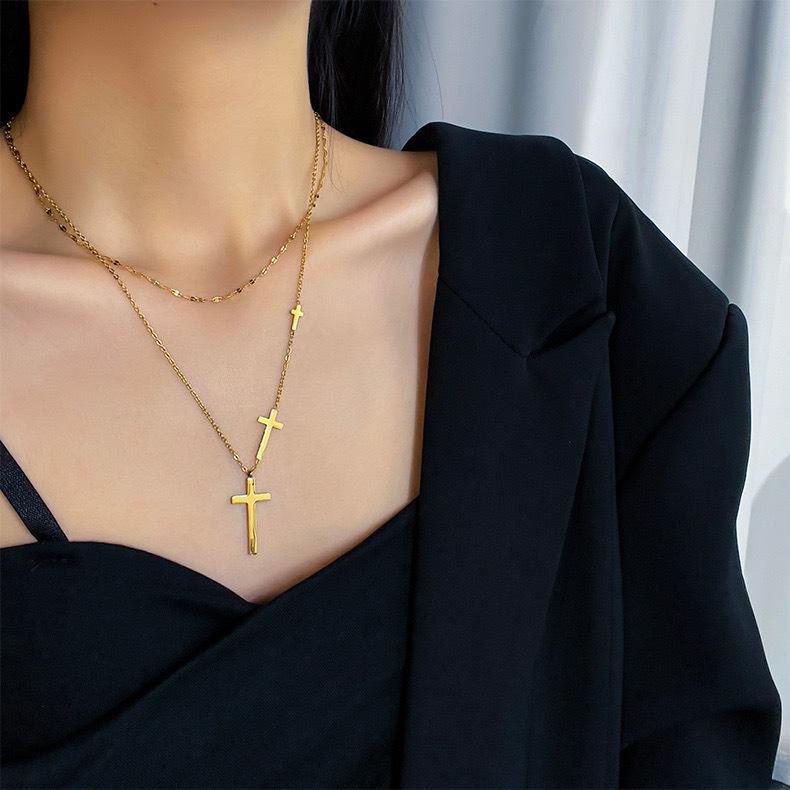 316L Stainless Steel Luxury Cross Pendant Necklaces Choker For Women Double Stacked Wear Fine Necklace For Women Jewelry Gift