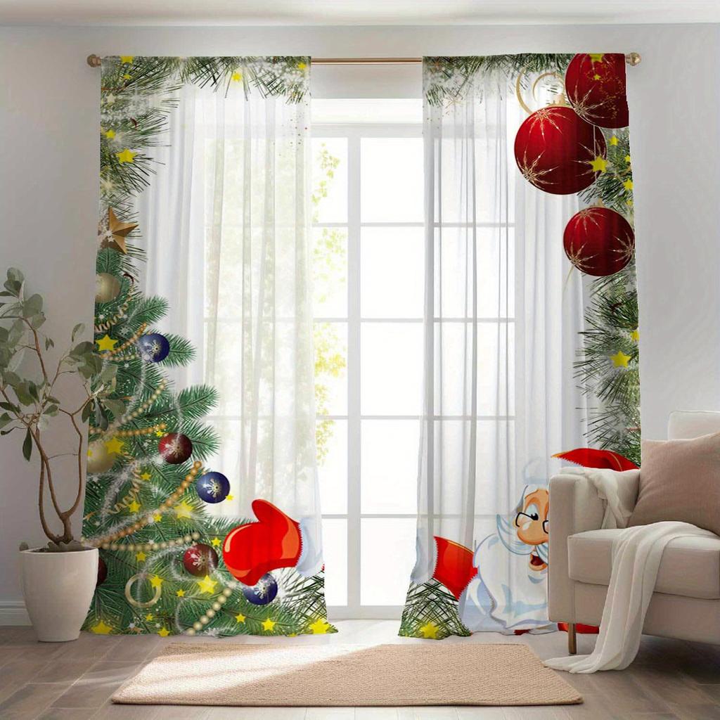 Glam Christmas Curtains Semi-Sheer Polyester Rod Pocket Drapes with Festive Holiday Print for Living Room Bedroom Window Decor