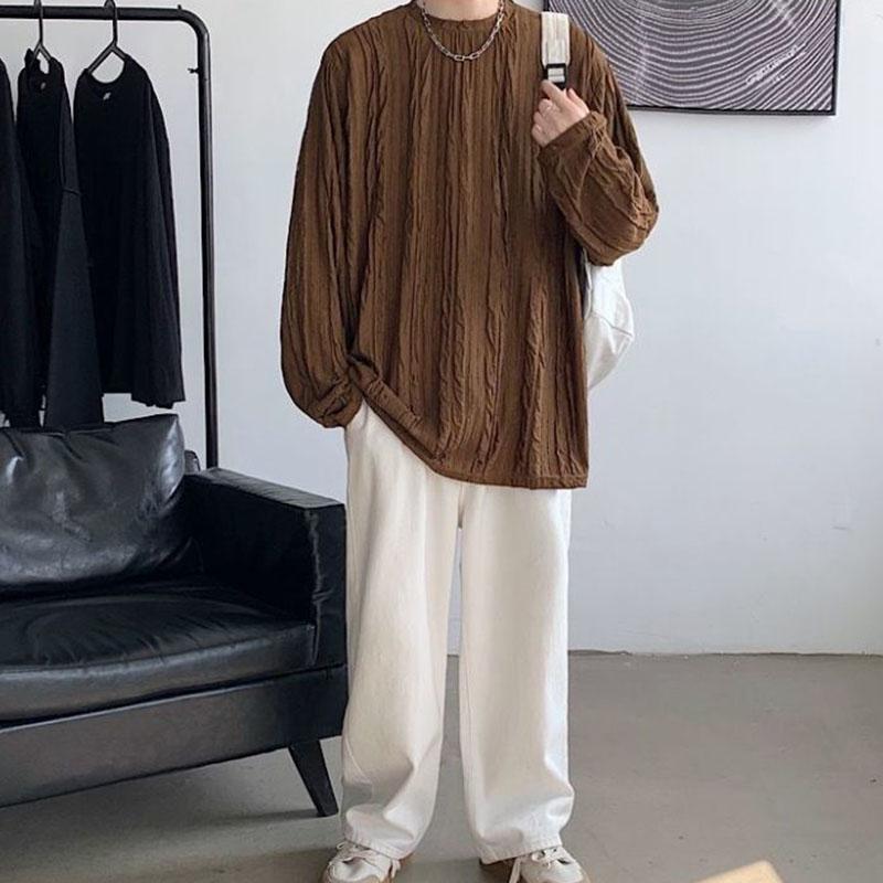 Pleated Long-sleeved T-shirt Men's Temperament Ins Trend Drape Loose Casual Round Neck Early Spring Top