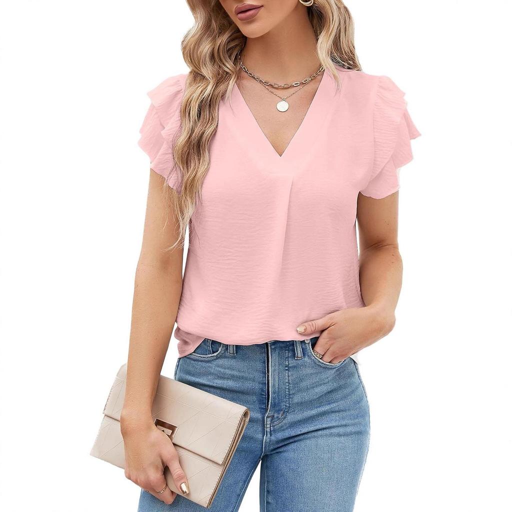 2025 Women's V-neck Polyester Short-sleeve T-shirt - 14 Colors, Casual Versatile Base Layer for Winter.