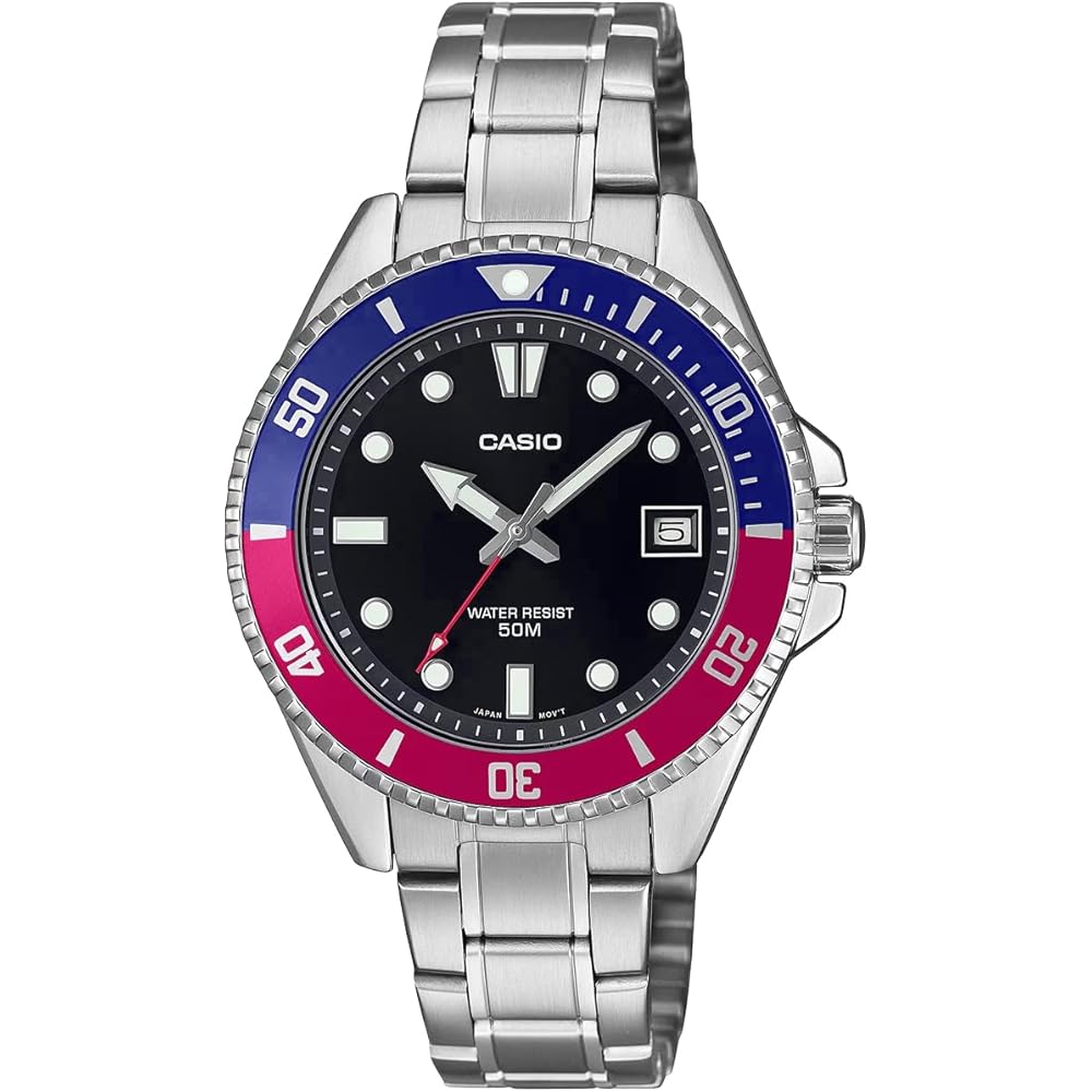 Casio Standard Analog Watch MDV-10D-1A3V Blue Red Bezel Metal Band for Boys Girls