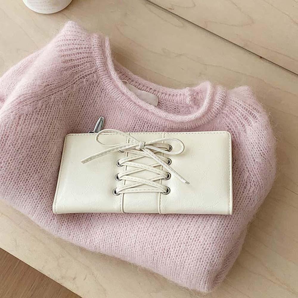 Card Pouch Portable Strap Bow Wallet PVC Multiple Card Balletcore Card Bag Solid Color Fashion Long Leather Purse Dating