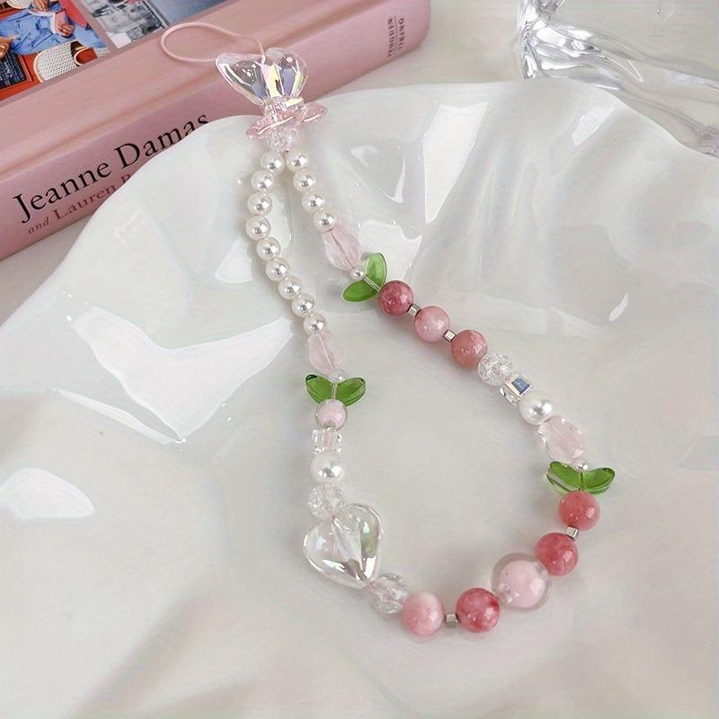 Peach Beaded Mobile Phone Charm Strap Chain, Women Sweet Girls Jewelry, Pearl Cellphone Flower Lanyard for iPhone Keychain