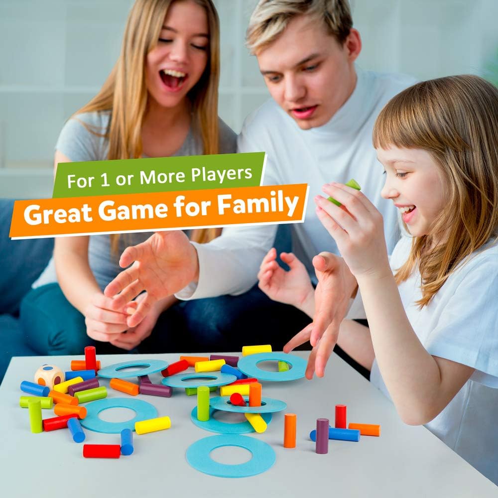 Coogam Wooden Tower Stacking Game, Fine Motor Skills Building Blocks with Dice, Slate Tower Toy, Montessori Family Party Games for Children and Adults