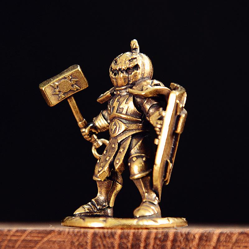 Brass Made Shield Soldier Statue Pumpkin Demon Warrior Display With Hammer Pumpkin Headgear Figurine Home Office Decor