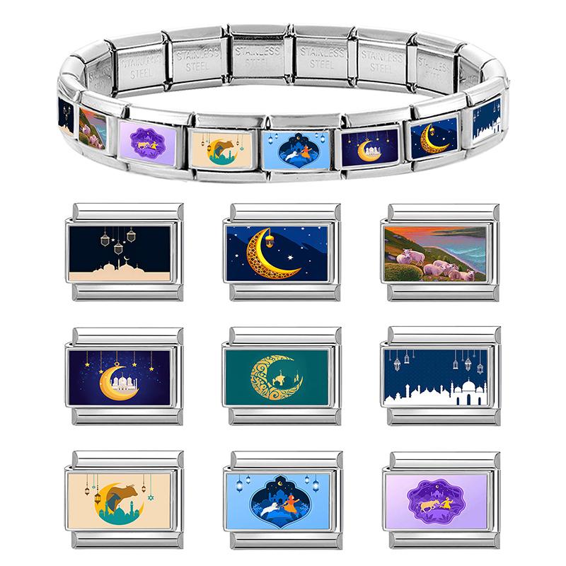 New Classic Hari Raya Haji Element Moon Sheep Pattern Italian Charm Links Fit 9mm Bracelet Stainless Steel DIY Making Jewelry