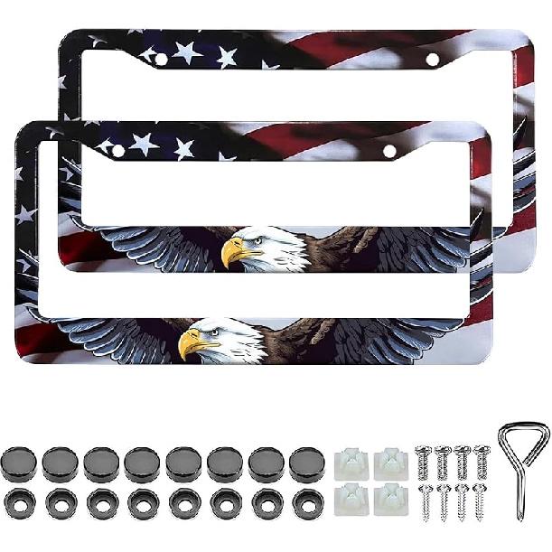 American Flag License Plate Frame Holder - 2 Pack Universal Aluminum Matte Stripe US Flag Gloss Patriotic Car Plate Frame Covers With Free Screws