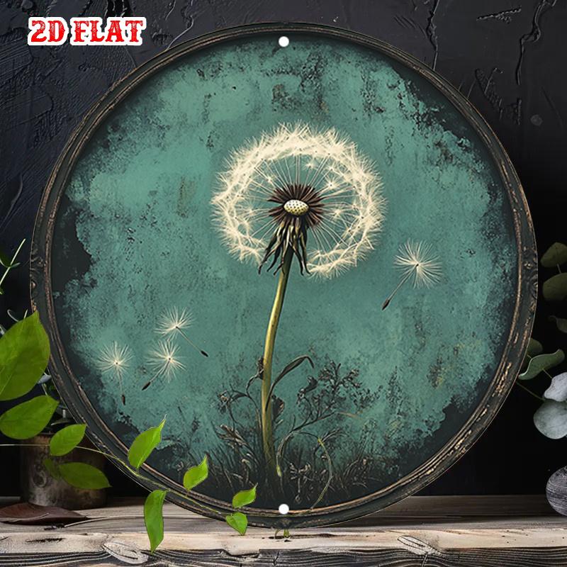 pc Dandelion Round Art Print D Flat Tin Wall Decor with Flying Seeds Teal Background Detailed Dandelion Illustration P